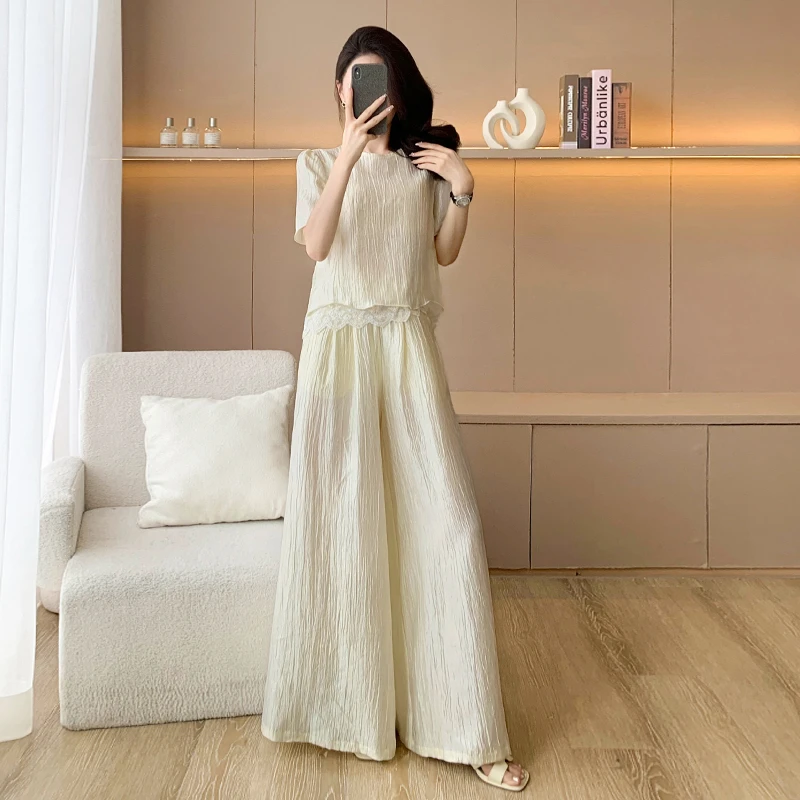 法式温柔风淑女休闲时尚套装女夏季新款拼接减龄显瘦阔腿裤两件套