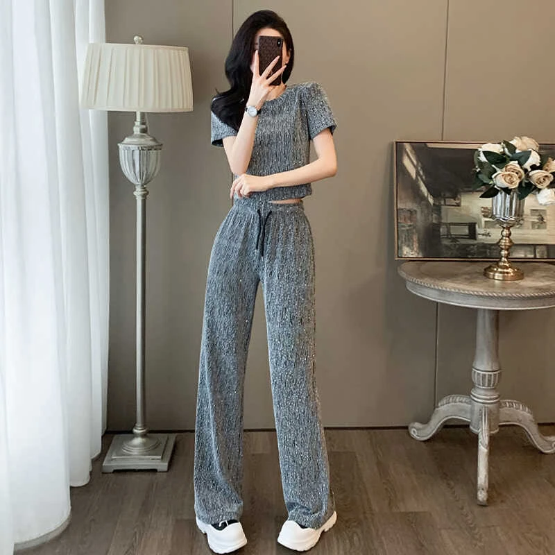 轻奢高级感休闲时尚套装女夏季短款亮片修身短袖t恤阔腿裤两件套