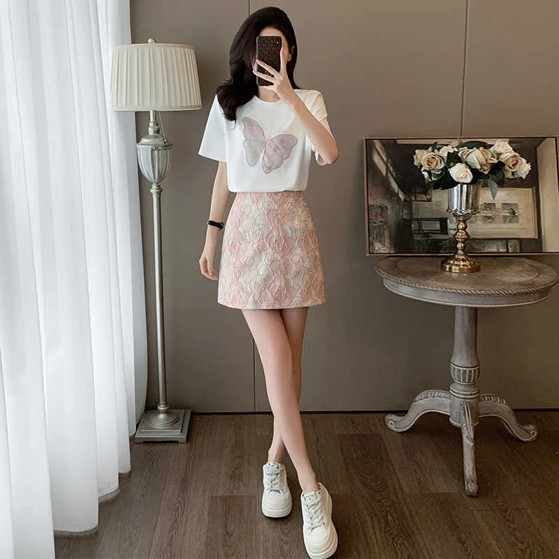 夏装气质小个子高级感搭配一整套时尚休闲刺绣短袖短裙两件套装女