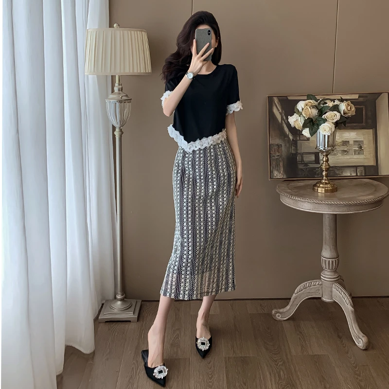 高级感气质减龄时尚套装女2024夏季新款复古通勤短袖半身裙两件套