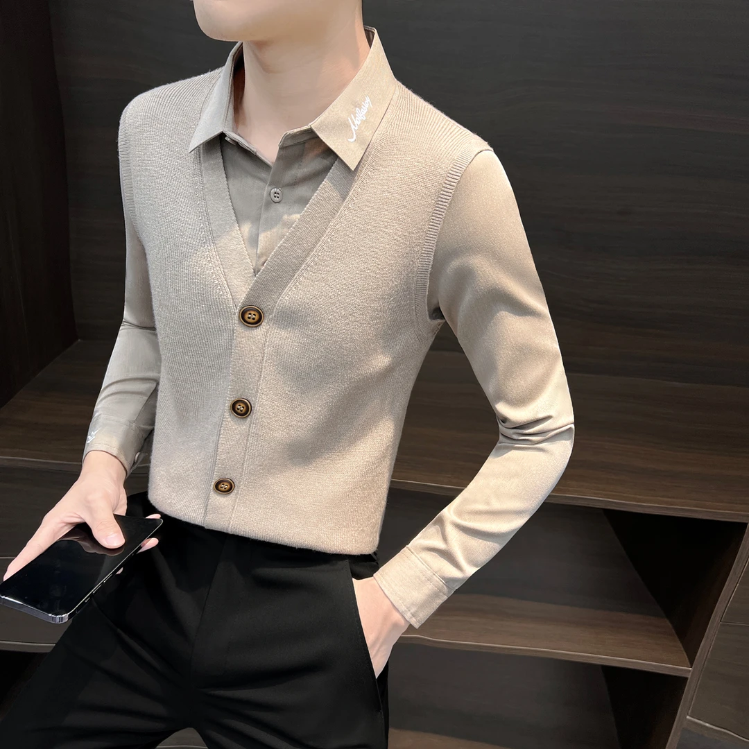 假两件毛衣男士休闲潮流痞帅风男装秋冬新款2025爆款衬衫领针织衫