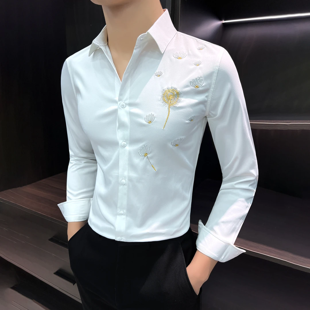刺绣花衬衫长袖男款爆款2025新款痞帅高级感冰丝白色商务男士衬衫