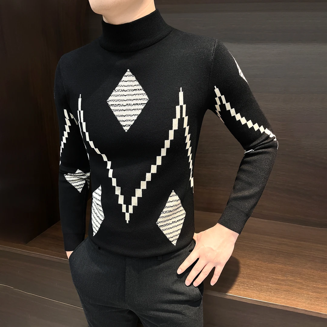 半高领毛衣男款爆款2025新款秋冬款男装线衣潮流菱形格针织打底衫