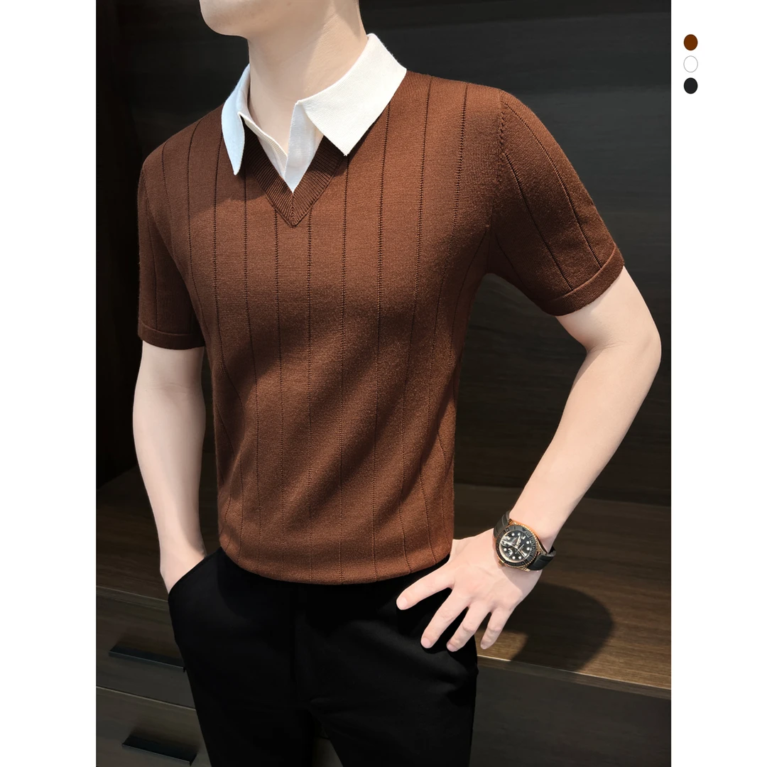 男士条纹撞色polo衫短袖夏季爆款2025新款痞帅高级感轻奢翻领t恤