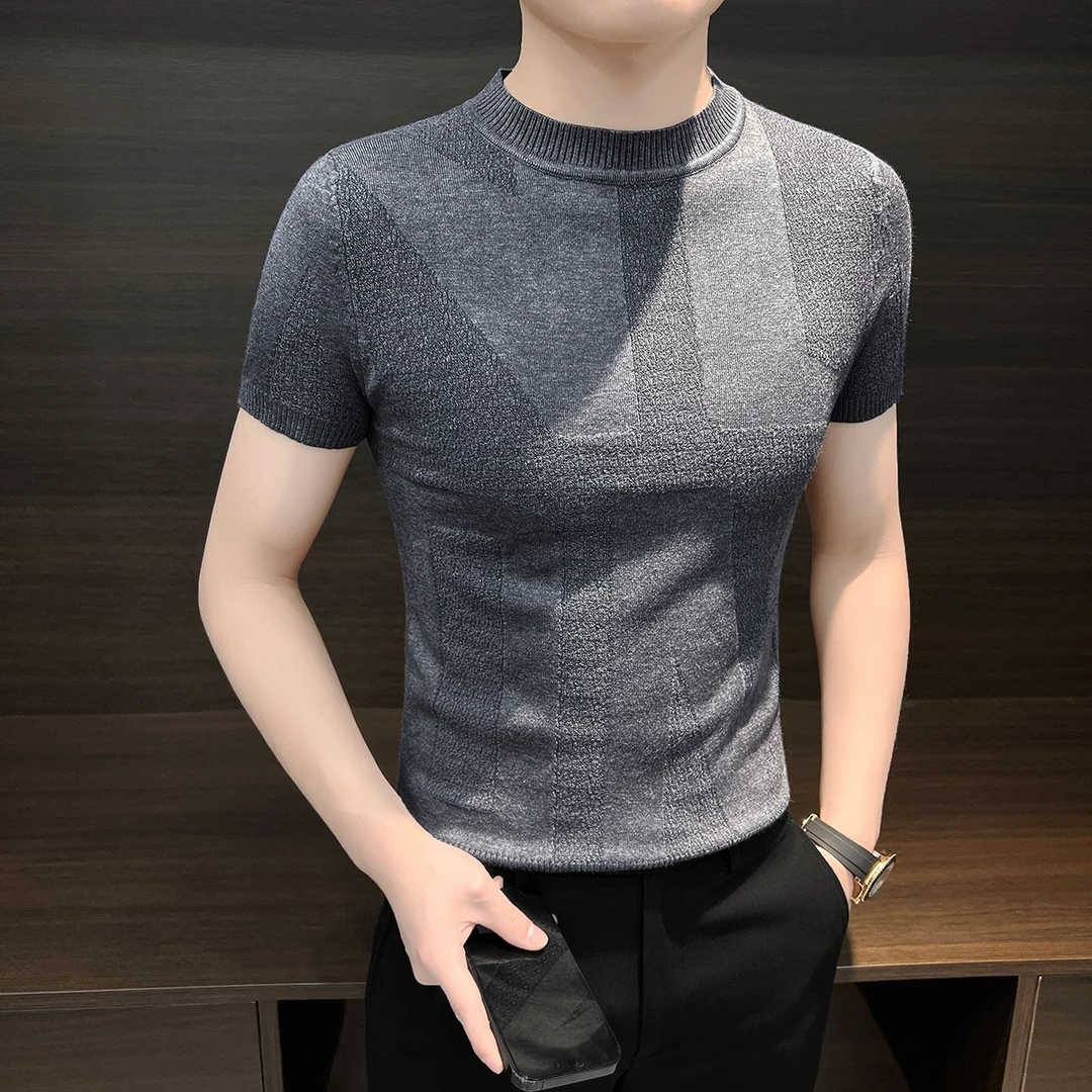 提花短袖圆领毛衣男款痞帅风潮流男装秋季新款2025爆款针织打底衫