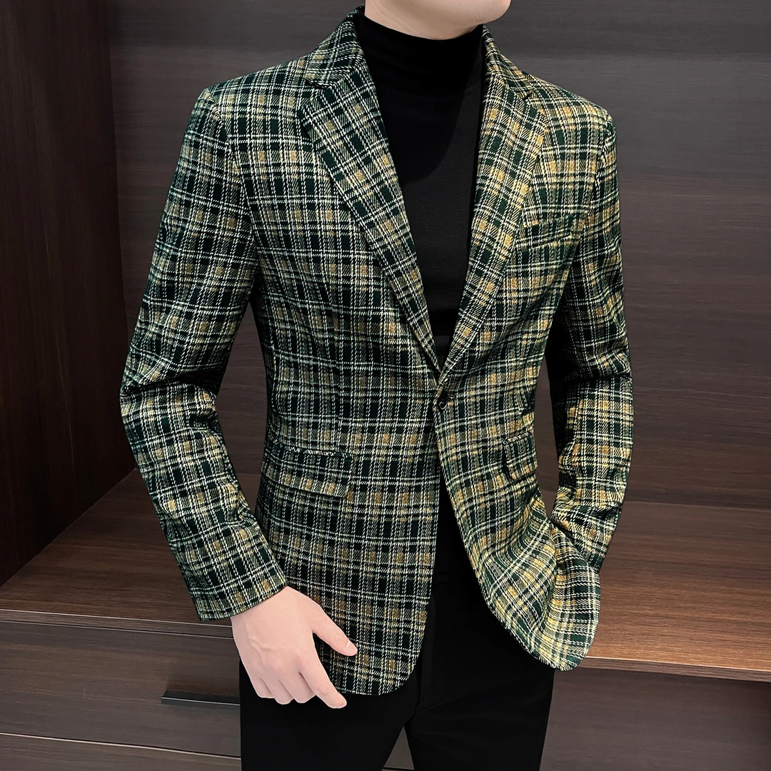男士绿色格子西服外套休闲时尚潮流商务爆款2025新款英伦雅痞西装