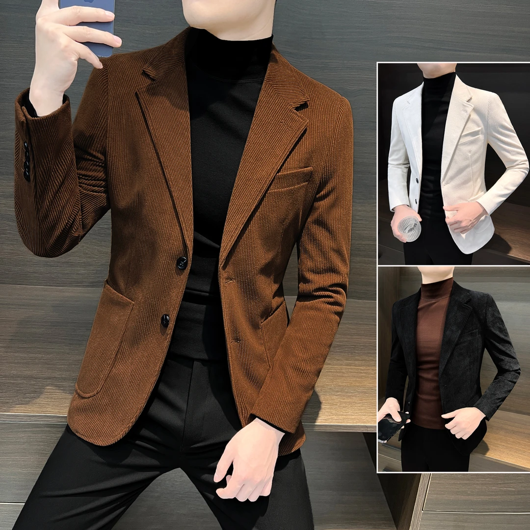 休闲灯芯绒西装男士2025炸街英伦雅痞风时尚修身商务韩版西服外套
