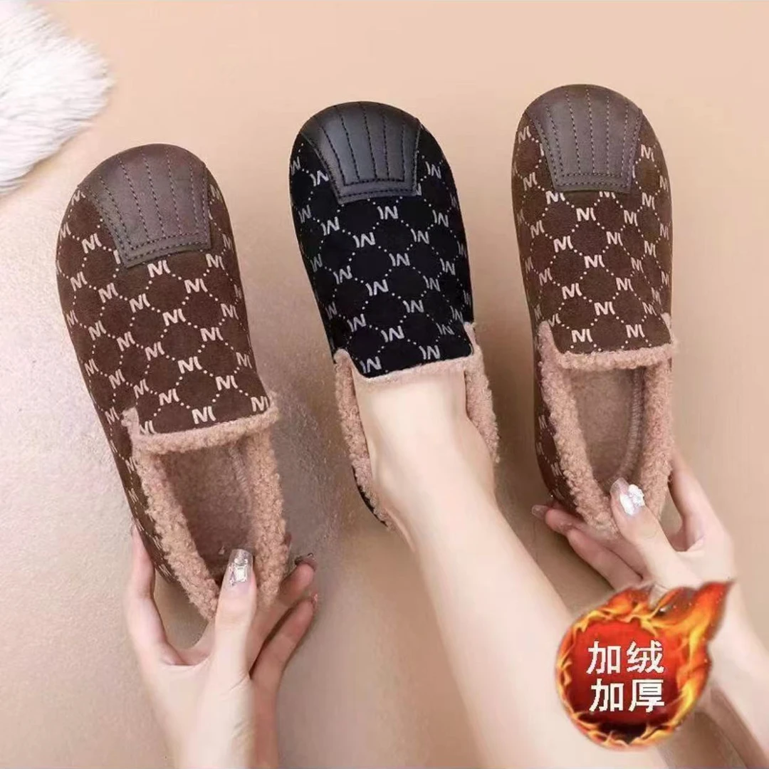 老北京加绒豆豆鞋女冬季时尚保暖加厚一脚蹬棉鞋防滑毛毛鞋