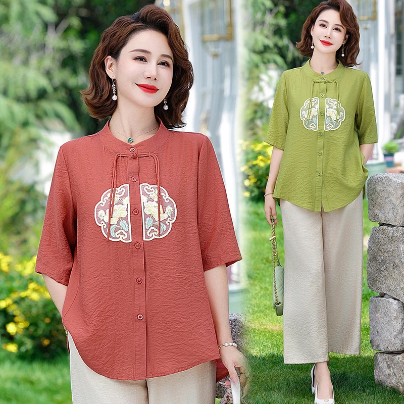 母亲节妈妈夏装洋气套装中老年人女装夏季国风宽松上衣裤子两件套