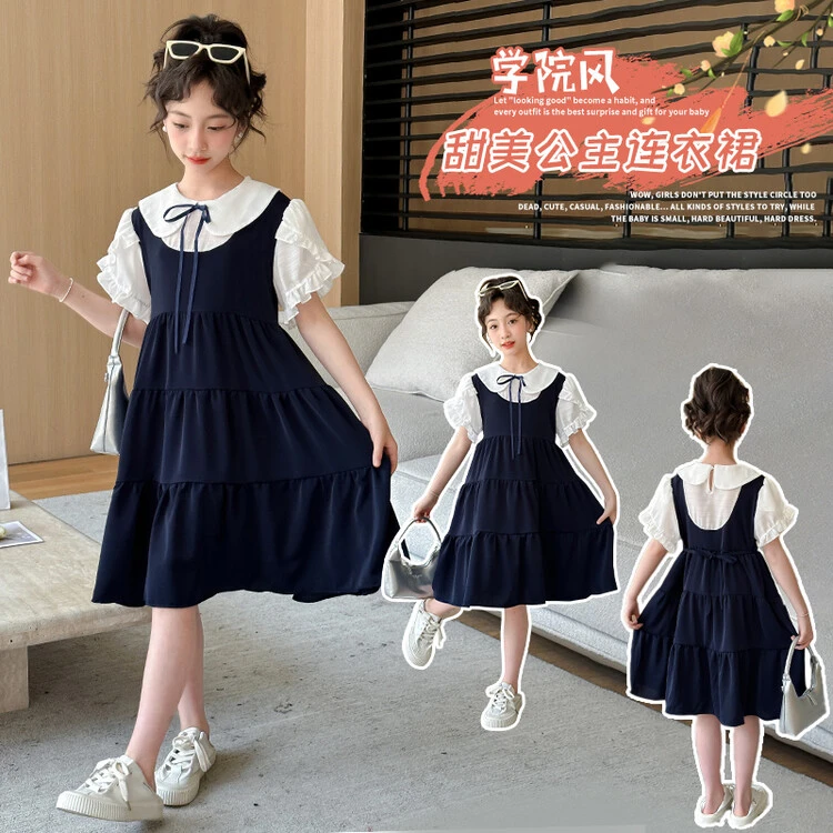 2024夏款爆款裙洋气显瘦夏日女童夏款百搭藏青色学院风拼接连衣裙