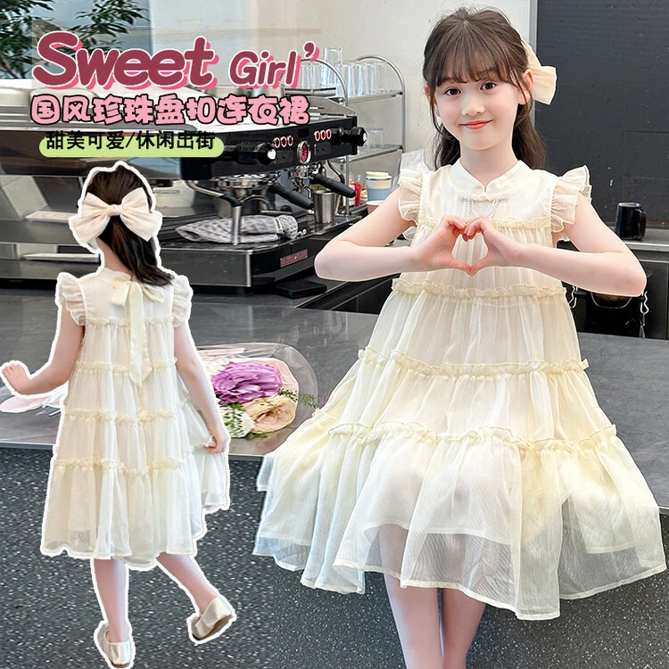 2024夏季爆款女童洋气休闲夏款甜美出街韩版国风气质女无袖连衣裙
