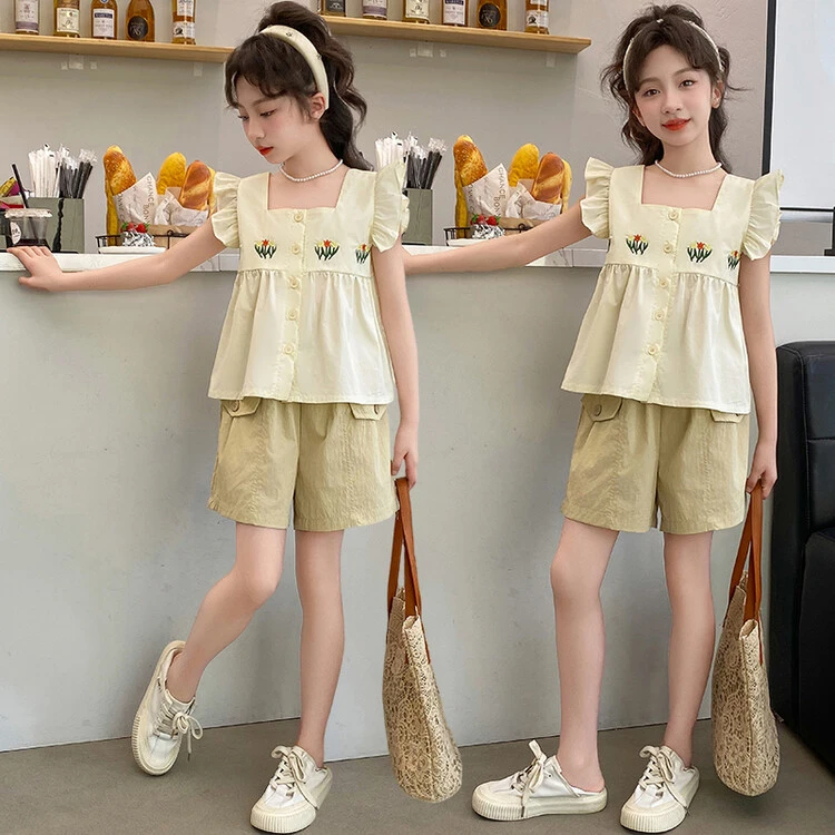 2024夏装爆款女童夏季套装时尚甜美设计时尚百搭棉布纯色飞袖裙裤