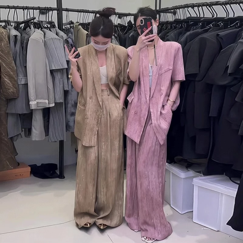 大码气质西装套装女夏胖mm宽松扎染短袖洋气外套显瘦阔腿裤两件套