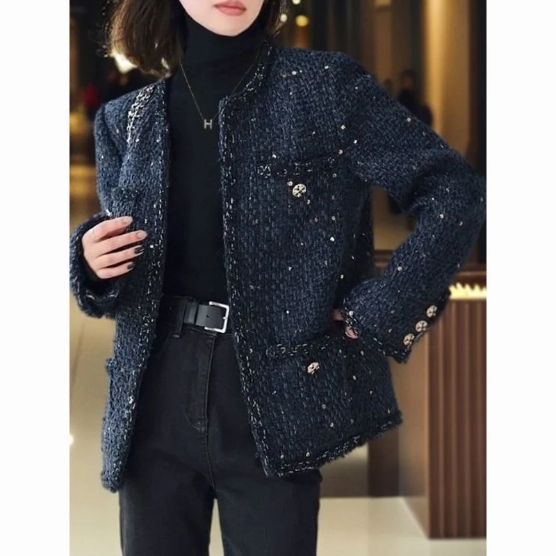 2024大码女装减龄名媛小香风毛呢大衣胖mm法式粗花呢西装外套冬装