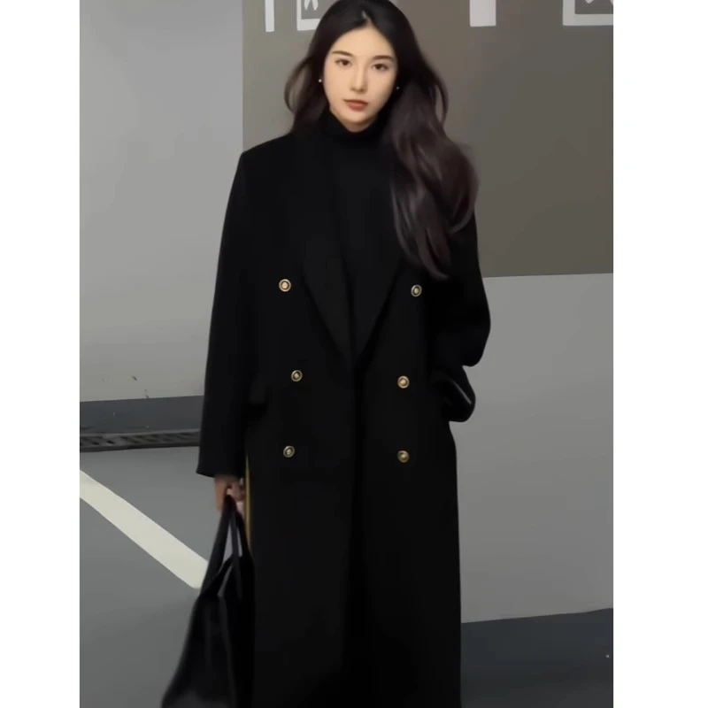 胖mm赫本风黑色毛呢大衣女2024冬新款高级感大码加厚长款呢子外套