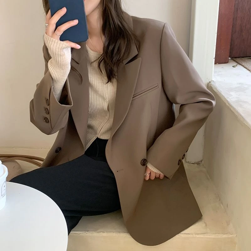 大码胖mm小西服2025春秋高级炸街宽松休闲百搭洋气咖色西装外套女