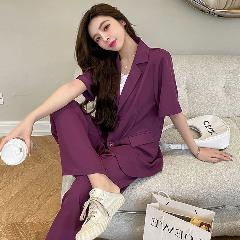 夏季大码女装短袖西装套装胖mm薄款职业西服外套显瘦阔腿裤两件套