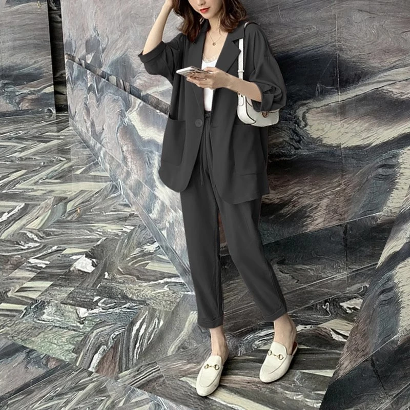 夏季韩版雪纺加大码胖mm粉色两件套小西装宽松洋气休闲西服200斤