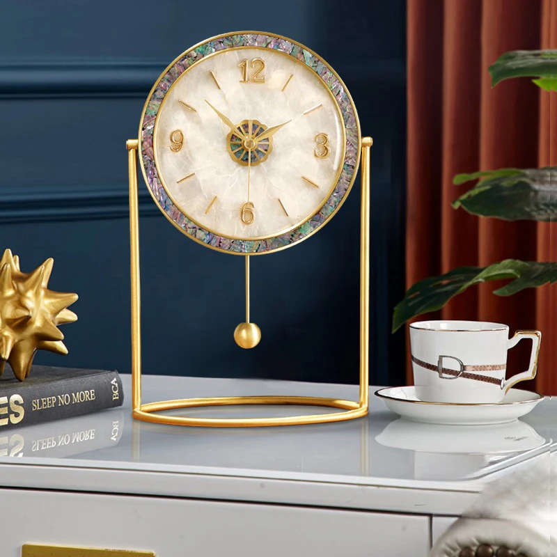 现代简约中式黄铜创意座钟台式桌面时钟客厅贝壳钟表摆件欧式坐钟