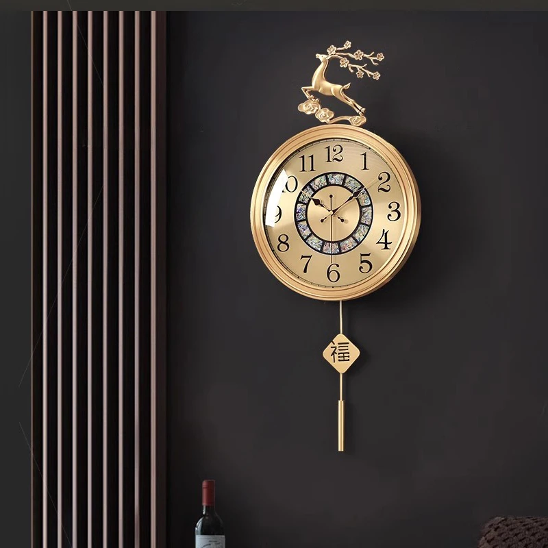现代轻奢黄铜挂钟客厅家用装饰壁钟新中式大厅挂墙表高档石英钟表