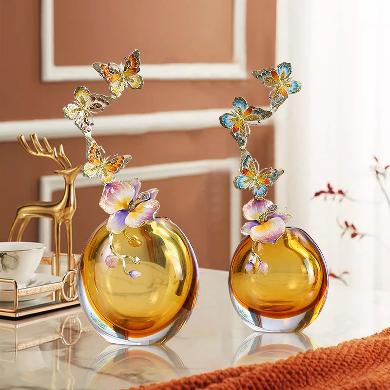 彩蝶纷飞轻奢琉璃花瓶客厅摆件玄关酒柜珐琅彩高档乔迁新居礼品