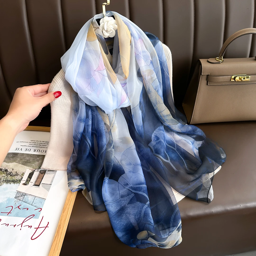 【水墨蓝荷】优柔纱国风时尚气质百搭丝巾130*180（A-246）