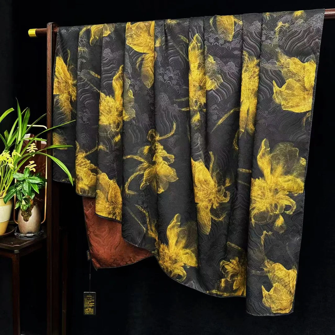 【墨 蝶】龟裂纹香云纱新中式国风披肩丝巾140*140（K-485）