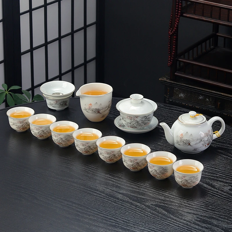 陶瓷茶具套装盖碗茶杯茶壶描金轻奢家用陶瓷茶具功夫茶具套装家用