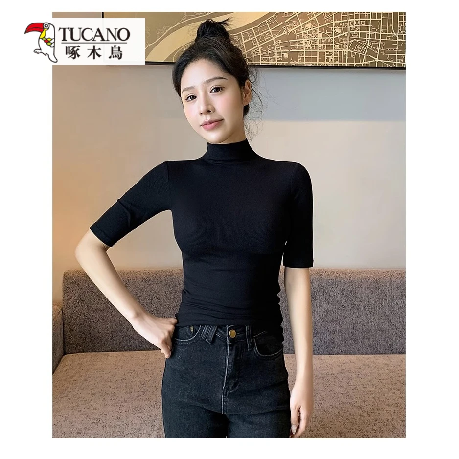 啄木鸟春秋纯色半高领中袖T恤女装高级感洋气修身显瘦五分袖上衣