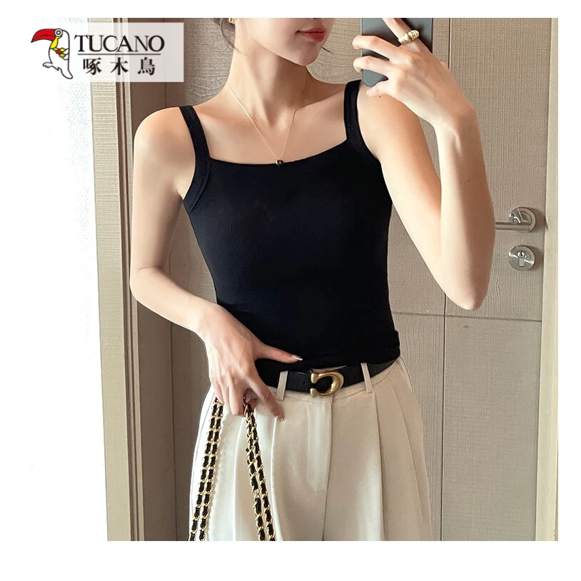 啄木鸟JS纯色吊带背心女西装内搭夏外穿方领打底针织运动无袖上衣