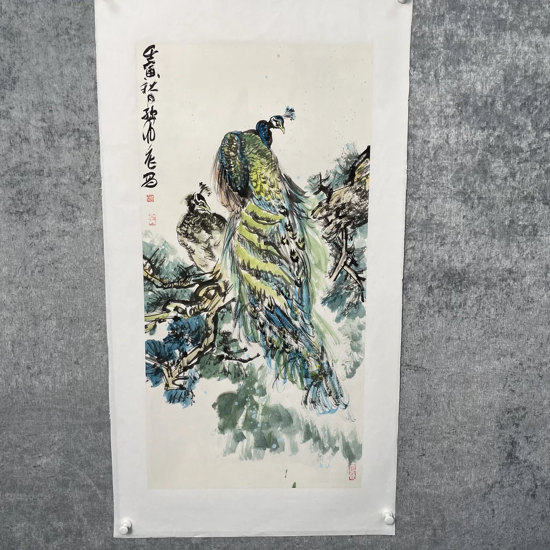 孔雀图客厅挂画100*50手绘作者孙布衣