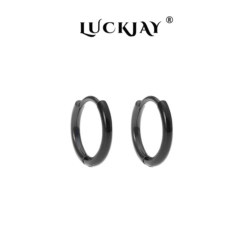 LUCKJAY 925银耳饰  耳环男黑色素圈嘻哈耳圈潮流个性秋冬光面ins