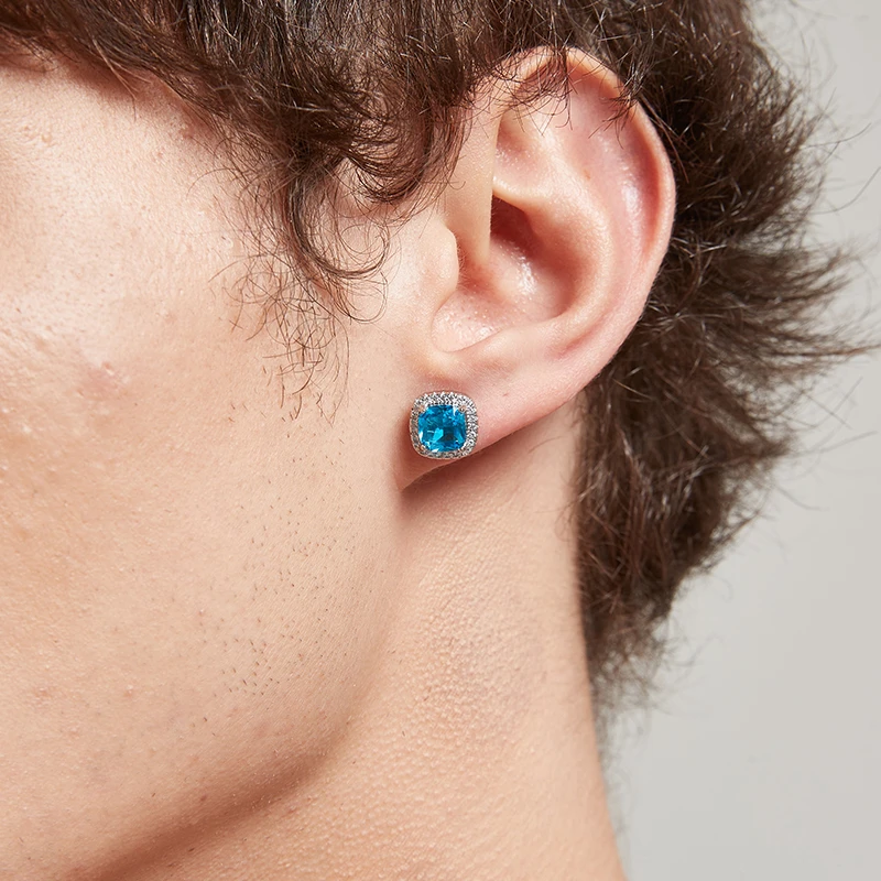 LUCKJAY 925银耳饰 欧美轻奢蓝色方形耳饰蓝钻耳钉冰糖锆石个性潮