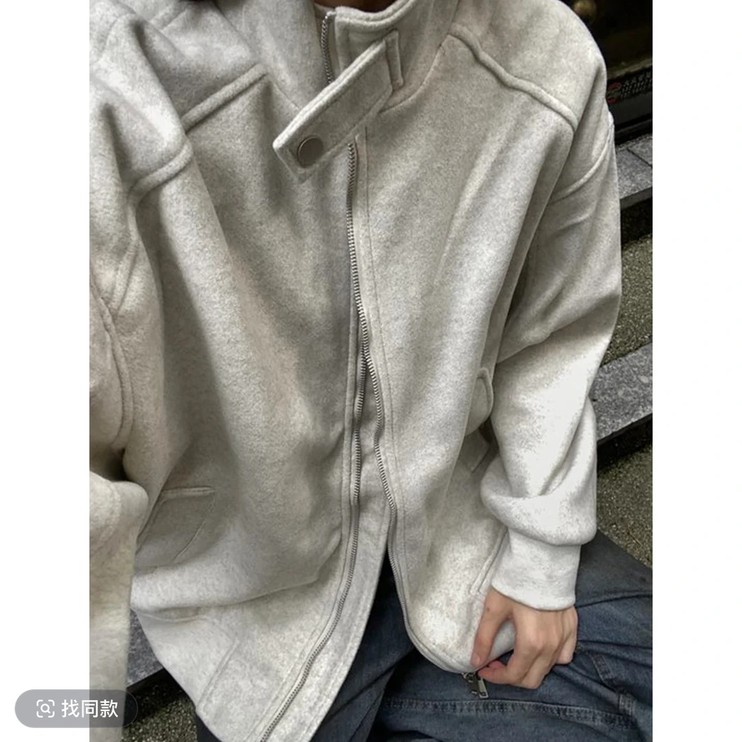 秋冬新款加厚立领夹克男韩风复古宽松休闲高级感工装外套