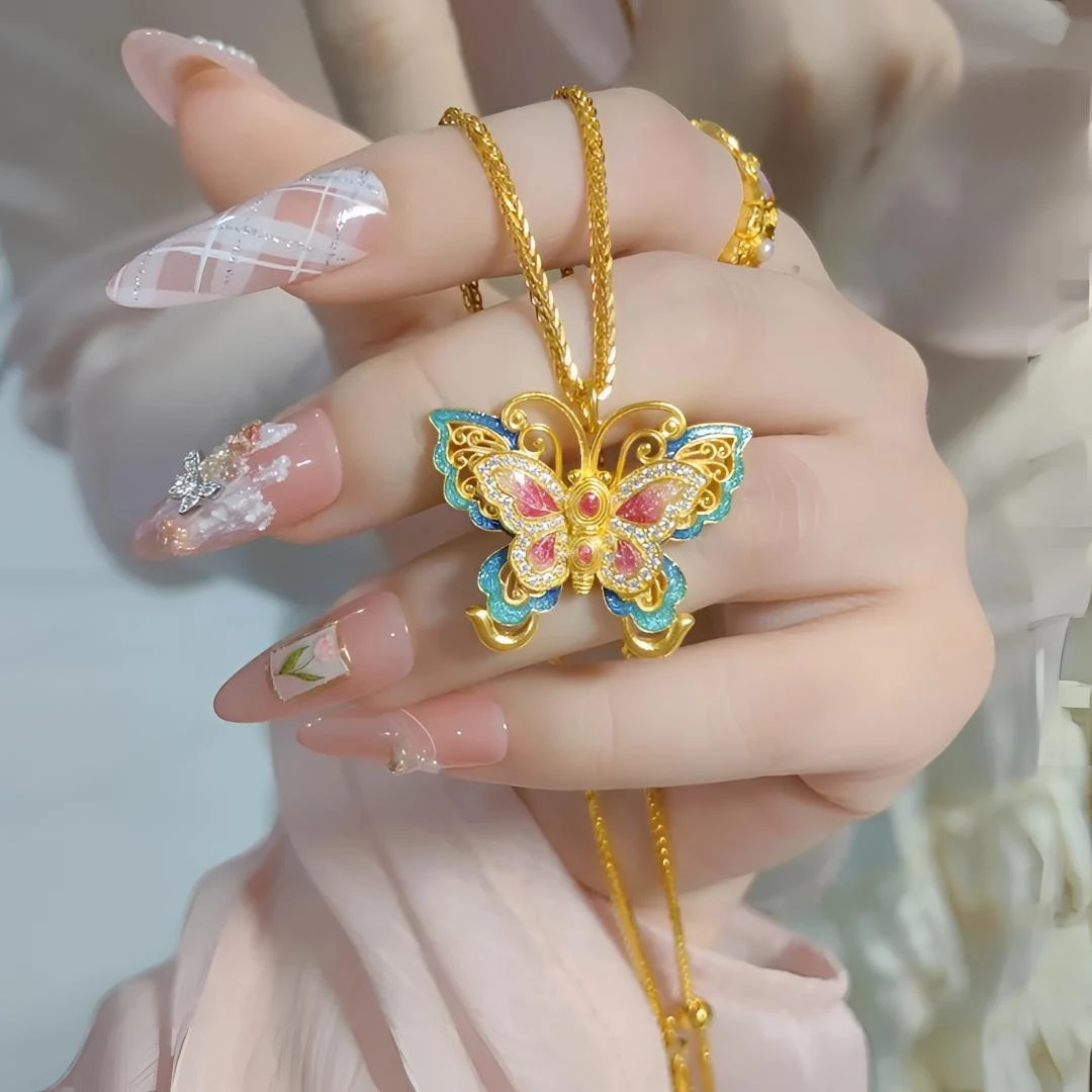庄周梦蝶金色花丝珐琅彩脉脉花蝶女款新中式烧蓝蝴蝶
