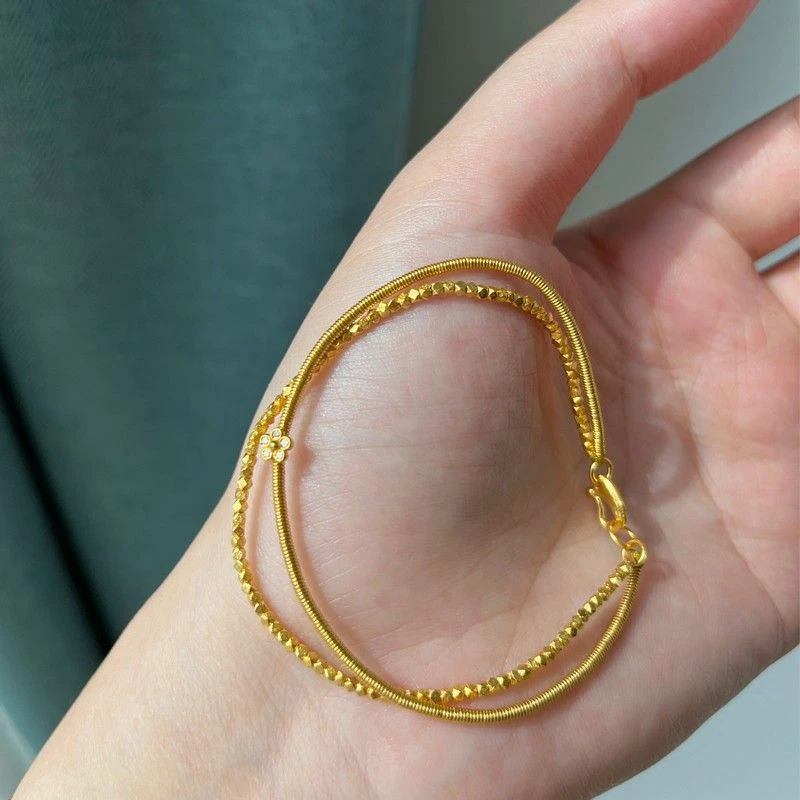 双层简约小花金圈手镯古法人造金色碎金子手链素款高级感精致