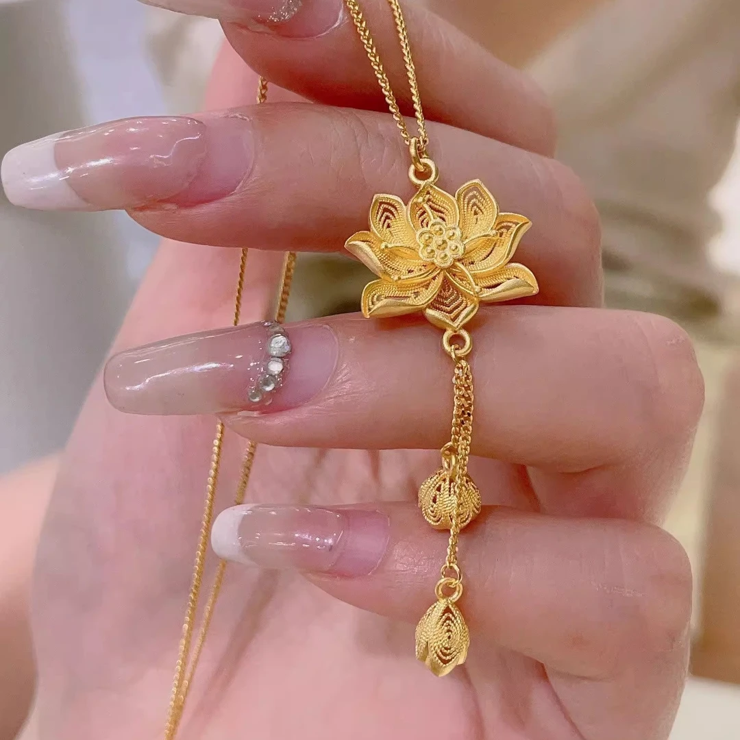 铜合金项链 轻奢金色莲花项链秀气又灵动工艺古风质感送女友礼物2