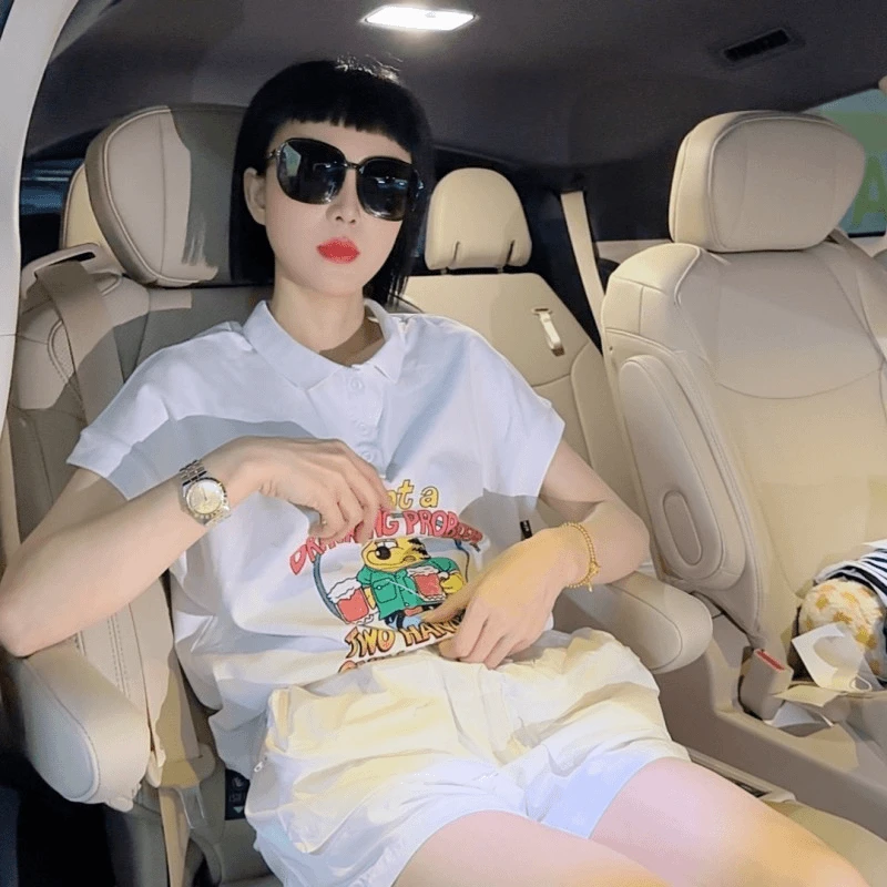 白色老虎印花时尚T恤夏季潮流减龄卡通设计感休闲百搭翻领女士