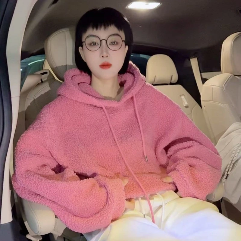 连帽粉色卫衣女士设计师时尚白色帽衫上衣