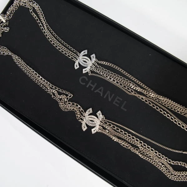 CHANEL银色双Clogo多层流苏项链