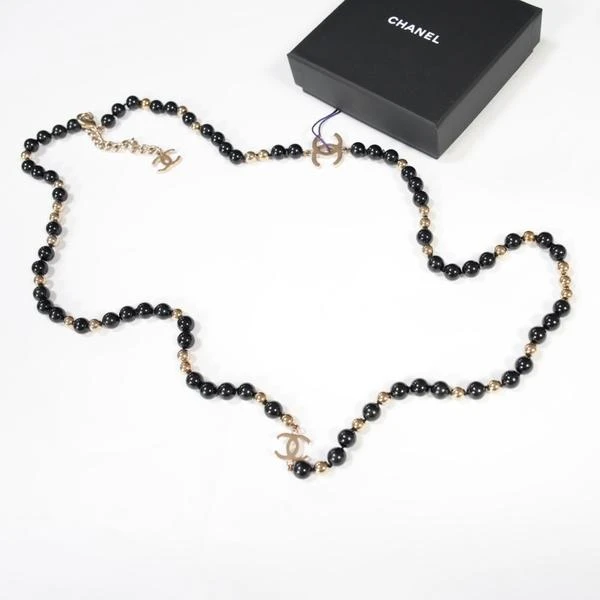 Chanel 金色珠珠双C黑琉璃项链