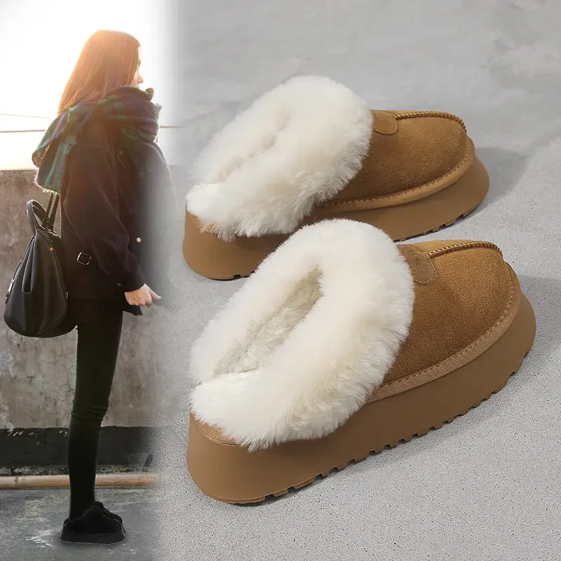 真皮 毛毛拖鞋女外穿2023年新款冬季皮毛一体厚底雪地靴加绒网红