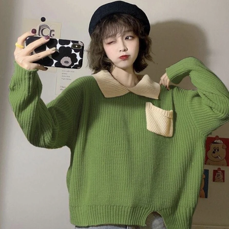 秋冬韩版新款潮上衣学生撞色POLO领宽松ins慵懒风网红长袖毛衣女