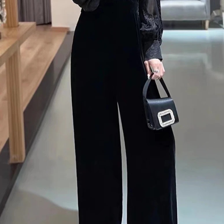 新款黑色时尚气质显瘦设计感丝绒裤