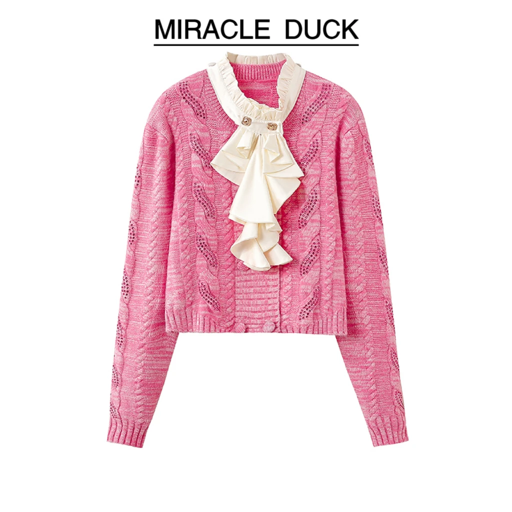 3号【初春樱粉】 秋冬季时尚花边拼接可卸设烫钻计长袖针织衫C1392