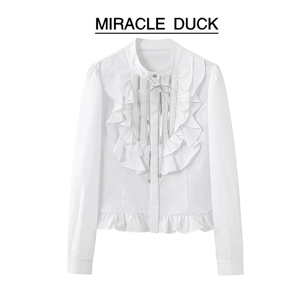 【白桃清酒】秋冬时尚气质百搭荷叶花边拼接可卸系带衬衫女C1377