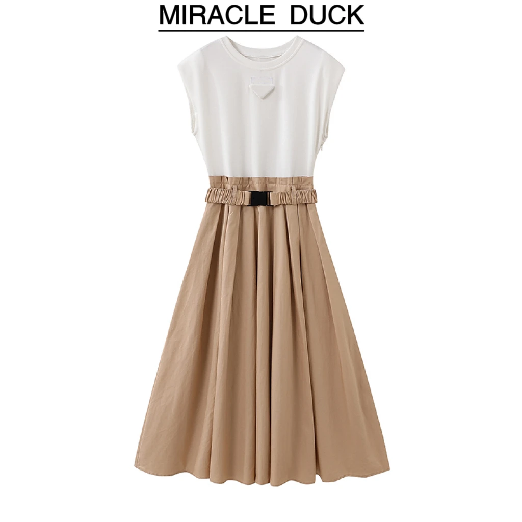 1号【白兰金萱】夏季气质时尚落肩袖假两件拼接收腰连衣裙C1199