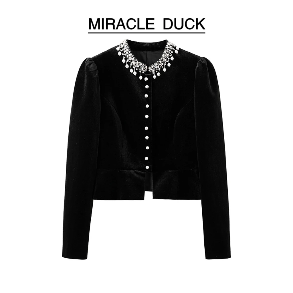 【达官公主】秋冬法式气质小香风重工钉珠收腰丝绒短外套C1412