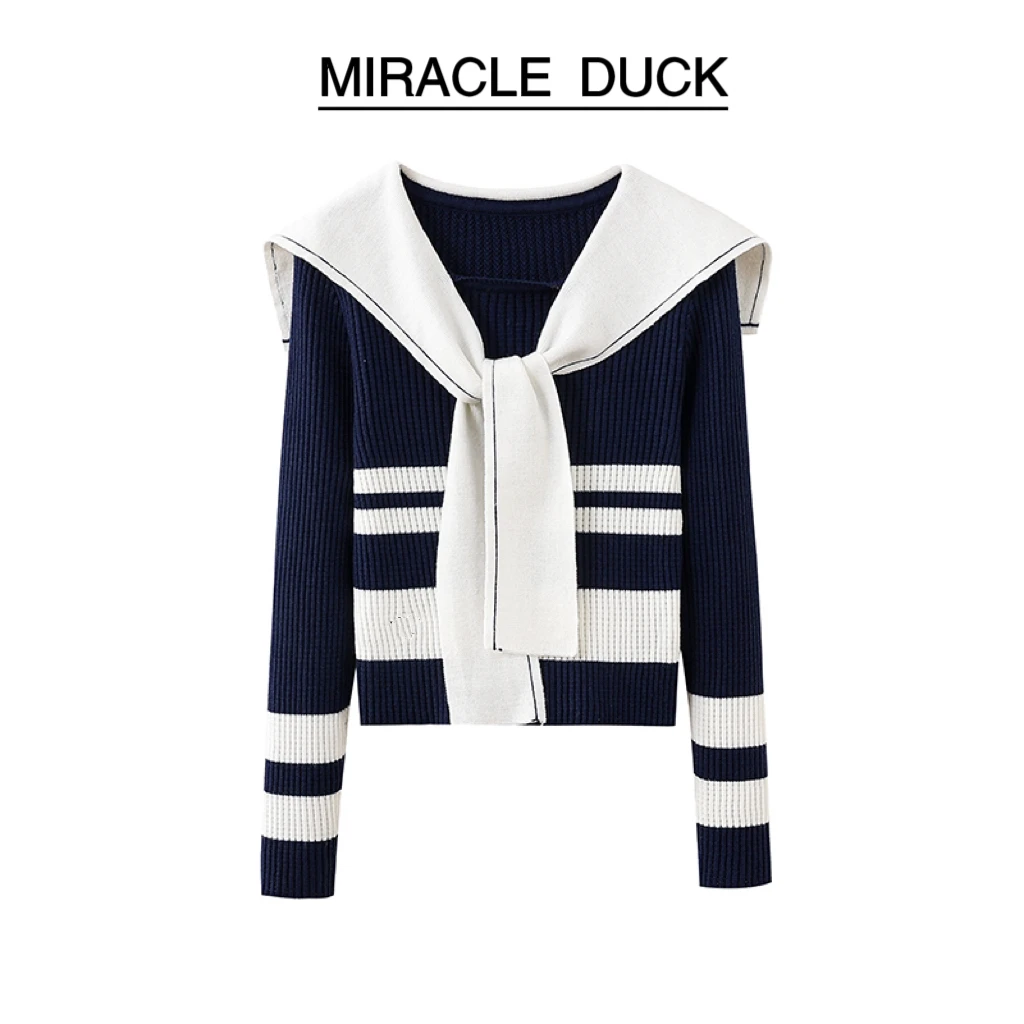 【海军领】 夏季透气海军领撞色条纹拼接长袖针织衫女C1300-1