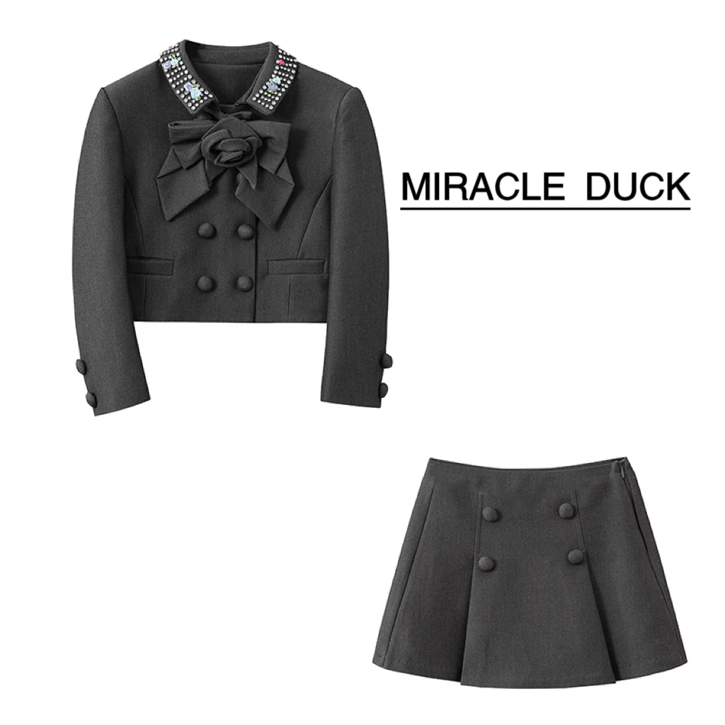 【云烟漫漫】秋冬新款格雷系重工钉珠加厚西装外套短裙套装C1349